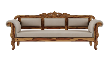 antique style wooden sofa with ornate carvings and beige upholstery, showcasing classic luxury furniture design and intricate details on transparent background