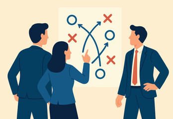 Strategic planning, plan to overcome difficulty or obstacle to reach goal or target, team brainstorm or competitor analysis, business success concept, business team planning for success tactic chart.