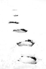 Snow covered garden lawn with stepping stones in winter closeup