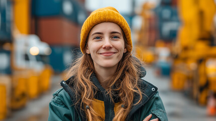 Fototapeta premium Confident Young Woman in Yellow Beanie Embracing Urban Adventure Against Vibrant Shipping Containers: Empowering Female Portrait in Modern Work Environment