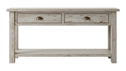 Distressed whitewashed wooden console table with two drawers and open shelf storage featuring rusted metal handles on transparent background