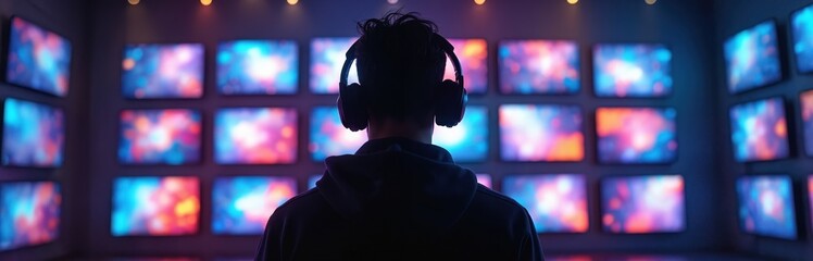 Man with headphones stands before a wall of glowing screens displaying abstract colorful patterns. He is immersed in visual content, possibly gaming or media consumption. Modern tech environment.