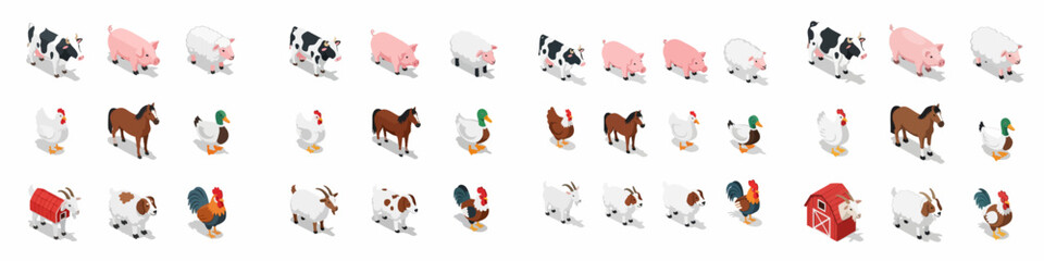 Large isometric farm animal collection featuring livestock such as cows, pigs, sheep, horses, goats, chickens, ducks, and roosters, isolated on white. © Asep