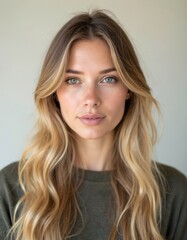 Fototapeta premium Blond woman portrait with natural beauty. Face of a young female with no makeup looking at camera. Charming portrait with gentle smile. Authentic beauty