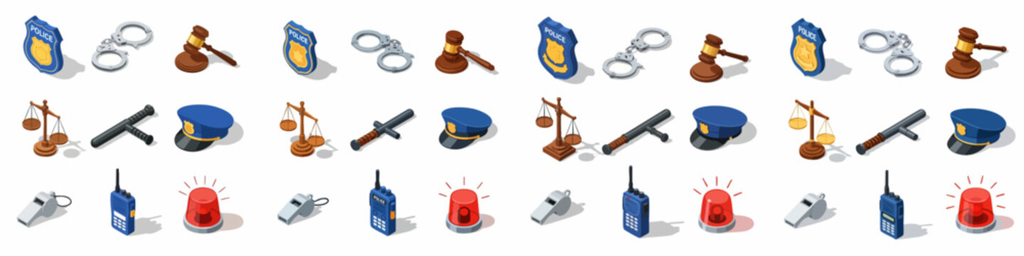 Isometric Police and Law Enforcement Icons Set including Badge, Handcuffs, Gavel, Justice Scales, Baton, Cap, Whistle, Radio, and Siren Light.