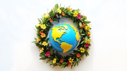 Earth day celebration with floral wreath around the globe