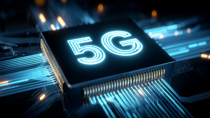 A glowing 5G processor chip on a circuit board to represent next generation connectivity high speed networks and advanced digital infrastructure.
