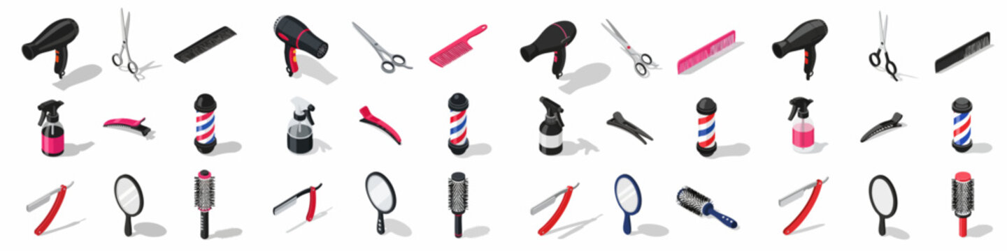 Isometric collection of professional hairdressing and barber tools, including scissors, dryer, comb, razor, and barber pole icons for salon equipment design.