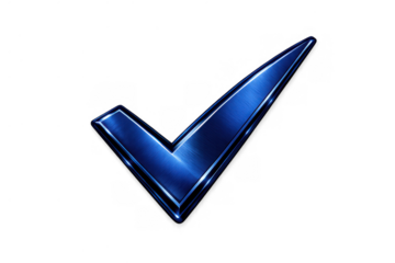 Blue metallic check mark icon representing success, approval, verification, and completion on a transparent background