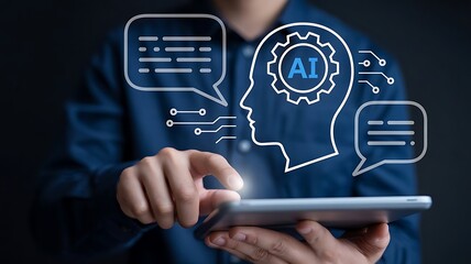 Futuristic AI Interface with Human Silhouette, Neural Circuitry, and Hand Interaction on Dark Blue Background