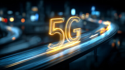 A glowing 5G symbol moving through a digital cityscape illustrating high speed connectivity next generation networks and advanced communication.
