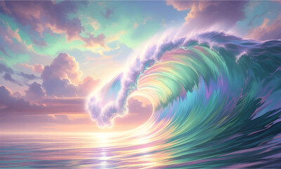 Colorful glowing ocean wave at golden sunset with rainbow reflections, fantasy seascape showing powerful water motion, vibrant sky, peaceful yet dramatic nature scenery illustration © Divya