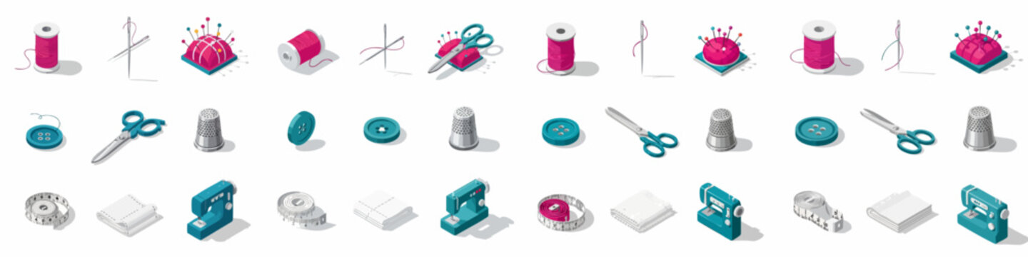 Isometric set of sewing and tailoring tools, featuring thread, needles, buttons, thimble, scissors, measuring tape, pin cushion, fabric, and sewing machine icons.