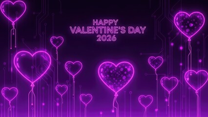 Neon purple heart balloons with circuit board pattern