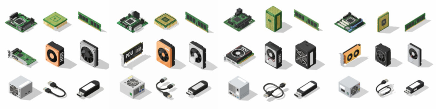 Detailed isometric icons of computer components: CPU, motherboard, RAM, GPU, hard drive, power supply, and accessories for tech diagrams and assembly.