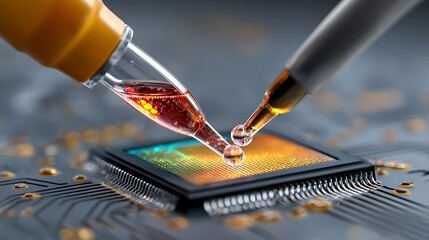 Close-up macro soldering of semiconductor chip on circuit board in physics lab experiment