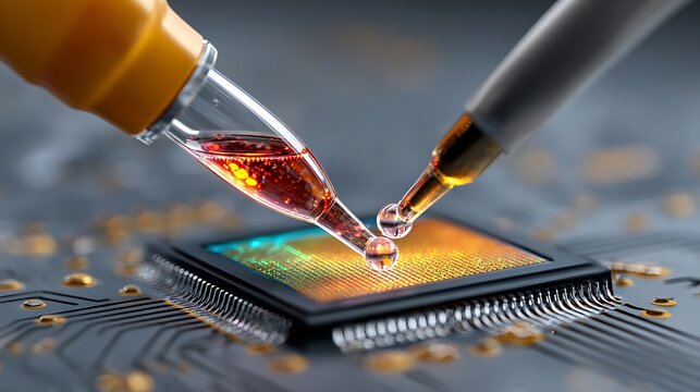 Close-up macro soldering of semiconductor chip on circuit board in physics lab experiment - Powered by Adobe