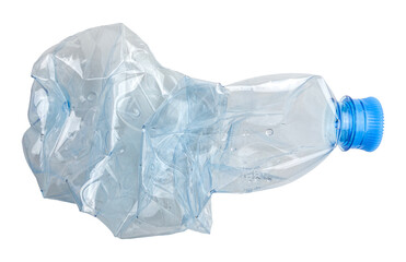 Crushed Plastic Water Bottle With Blue Cap Crumpled Transparent Waste for Recycling isolated on a white background