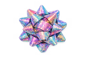 Iridescent bow with glitter creating a vibrant holographic effect for festive gift wrapping and celebrations