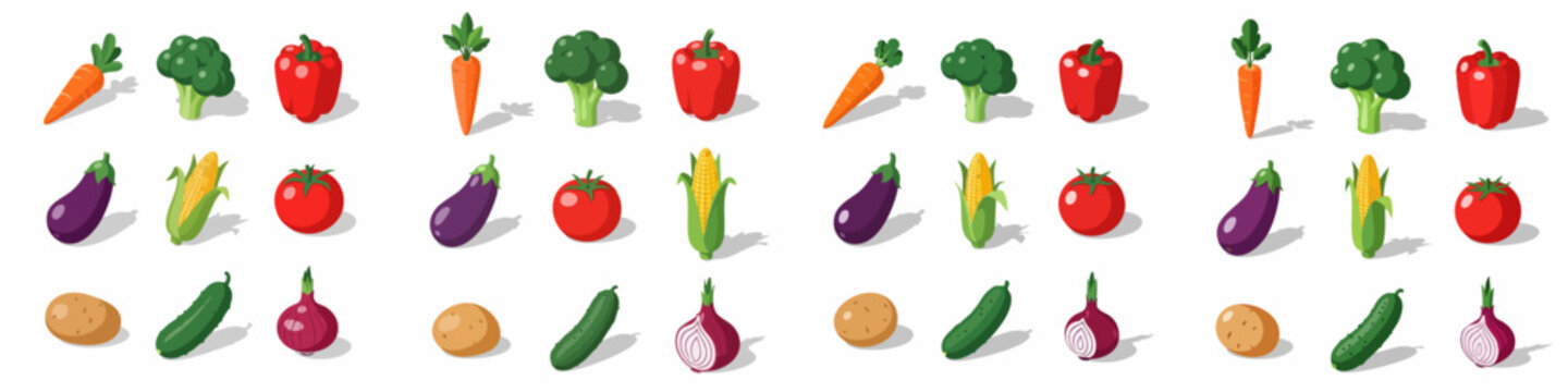 Isometric Vegetable Pattern Collection. Flat Vector Illustration Set of Fresh Produce like Carrots, Broccoli, Tomatoes, Corn, and Onions on White Background.