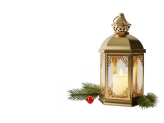 Elegant golden lantern with candle and christmas decorations