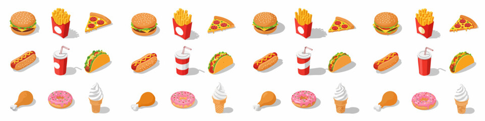 Isometric set of classic fast food and junk food icons: burger, fries, pizza, soda, taco, hot dog, chicken, donut, and soft serve ice cream.