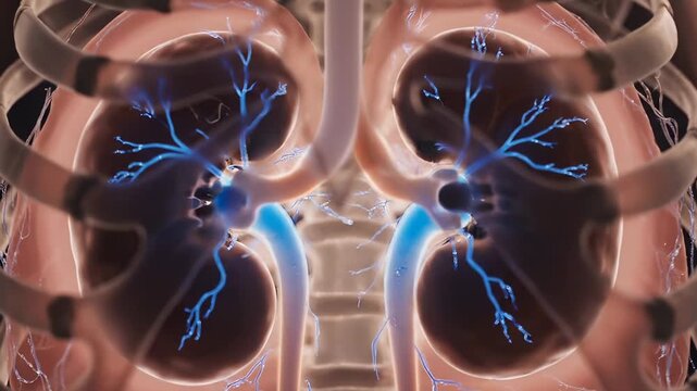 Medical kidney anatomy displays renal system with ureter vessels. Human kidney shows nephron structure and renal anatomy. Medical visualization of kidney with vessels. Renal system in body.