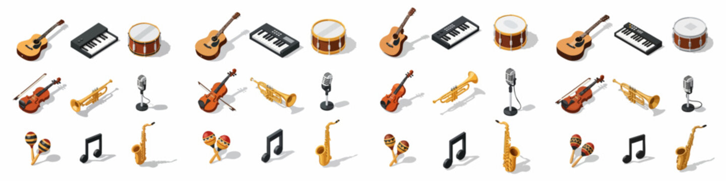 Isometric Music Instruments Vector Icon Set. Collection of acoustic, electronic, and brass instruments including guitar, keyboard, drums, saxophone, and violin.