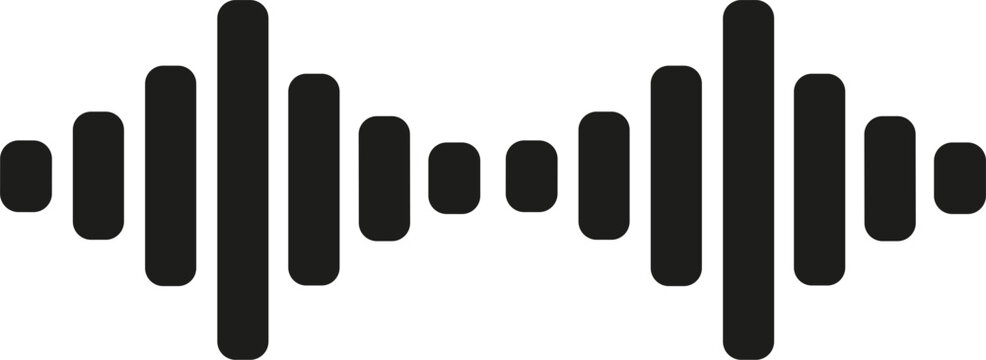 Standardized black silhouette of a symmetrical digital audio waveform featuring rounded vertical frequency bars for sound engineering and music production vector design.