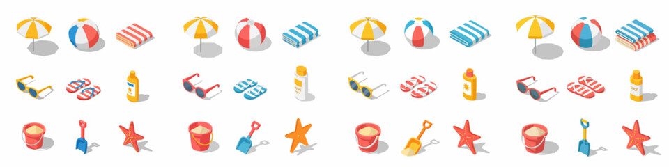 Isometric collection of summer beach vacation essentials including umbrella, ball, towels, sunscreen, sandals, and sand toys.