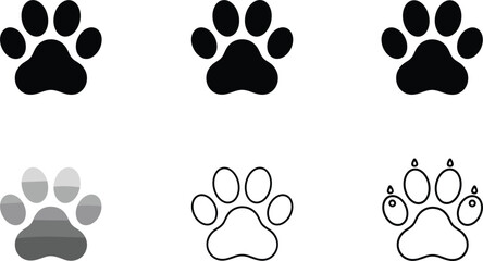 Standardized animal paw print icon set featuring diverse styles, including solid black silhouettes, grayscale gradients, and minimalist line-art outlines for wildlife and pet-related vector design. © Mst
