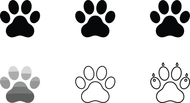 Standardized animal paw print icon set featuring diverse styles, including solid black silhouettes, grayscale gradients, and minimalist line-art outlines for wildlife and pet-related vector design.