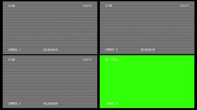 Four way split CCTV camera screen overlay animation. 4k video.