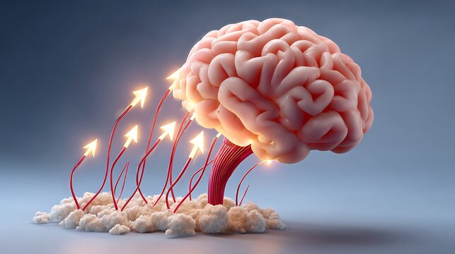Human brain with glowing sparklers celebrating psychology motivation and mental growth concept in soft blue gradient background - Powered by Adobe