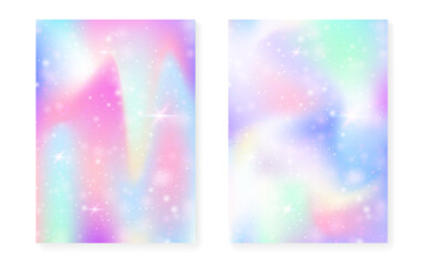 Naklejka premium Rainbow background with kawaii princess gradient. Magic unicorn hologram. Holographic fairy set. Creative fantasy cover. Rainbow background with sparkles and stars for cute girl party invitation.