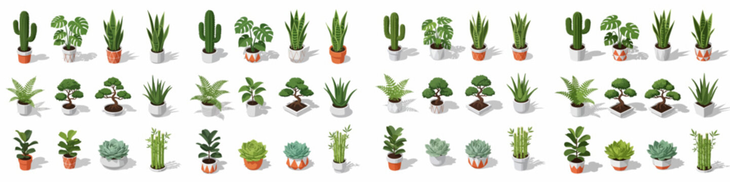 Seamless isometric pattern featuring a wide variety of trendy indoor potted houseplants, succulents, cacti, and ferns on a white background.