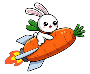 rabbit riding a carrot-shaped rocket Whimsical illustration of a cute cartoon