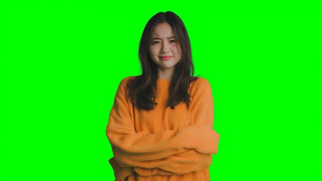 Young asian woman makes a mocking and judgmental facial expression 4K video, green screen chroma key background