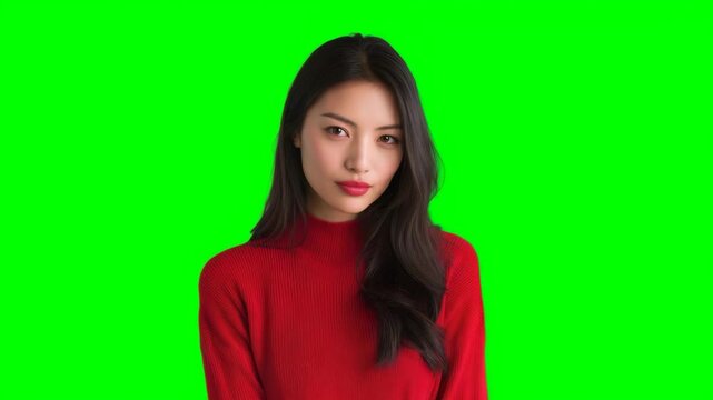 Young asian woman makes a mocking and judgmental facial expression 4K video, green screen chroma key background