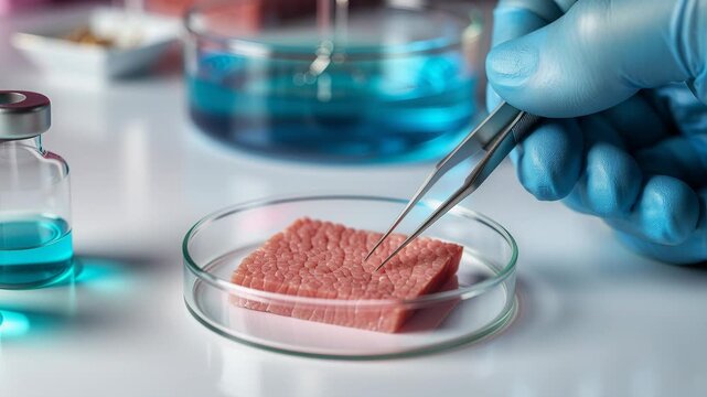 Cultured meat sample rests in petri dish while a gloved researcher manipulates tissue with sterile tweezers. Laboratory vials and tools are visible in soft focus suggesting cell-based meat research an