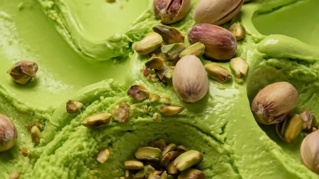 Macro close-up of vibrant green pistachio ice cream texture topped with whole and shelled nuts, concept for dessert menu design, gourmet food promotion and sweet product packaging