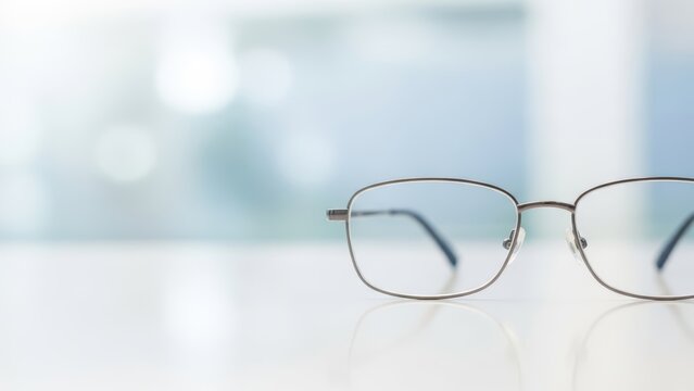 Elegant silver-framed eyeglasses resting on a pristine white desk surface, symbolizing professional clarity and intellectual focus in a contemporary office setting with a soft, blurred background