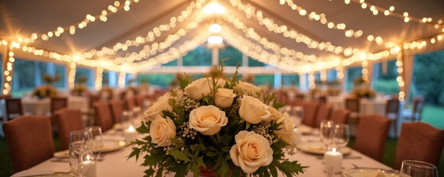 Tented wedding setup floral centerpieces. Ambient string lights illuminate tables. Formal venue ready for marriage reception party, romantic celebration. Event planners create modern rustic custom