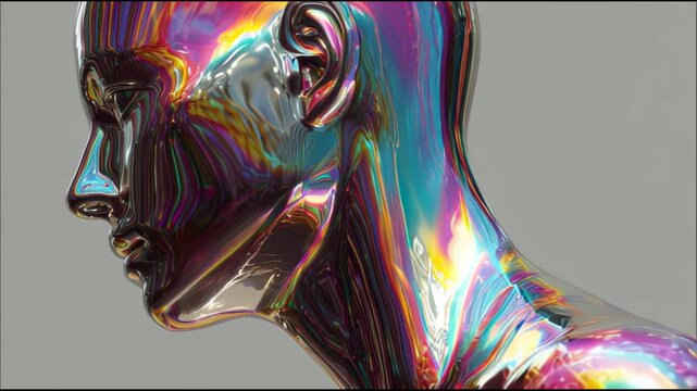 Futuristic Surrealistic Iridescent Chromatic Metallic Sculpture of Human with Dynamic Colorful Reflections and Smooth Surface Texture
