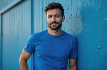 Attractive young man in blue t-shirt stands smiling. He leans against a textured blue wall. Person shows confident, friendly expression and modern casual urban style.