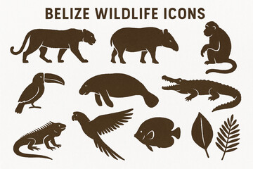 Fototapeta premium Belize wildlife vector silhouettes with distressed torn texture on white background