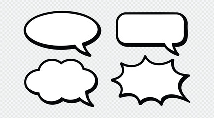 Set of four black and white outlined comic speech bubbles vector on transparent background © Sowrav