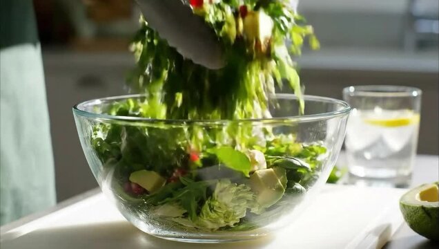 Close up of hand adding fresh pomegranate seeds to a vibrant green salad with avocado in a glass bowl for a healthy eating concept and wholesome nutrition