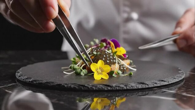 Chef hands meticulously plating gourmet dish with edible flowers and caviar on a dark slate for luxury culinary art concept and fine dining perfection