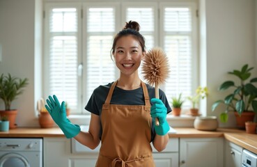 Young smiling Asian woman in apron and gloves holds cleaning brush in bright kitchen. Female professional cleaner ready for housework, takes pride in her job. Clean house service worker.